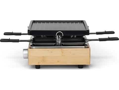 Appareil à raclette Livoo en bambou avec grill, quatre caquelons et spatules en bois