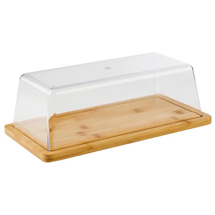 Plateau à fromage rectangulaire en bambou avec capot transparent posé sur une table en bois clair.