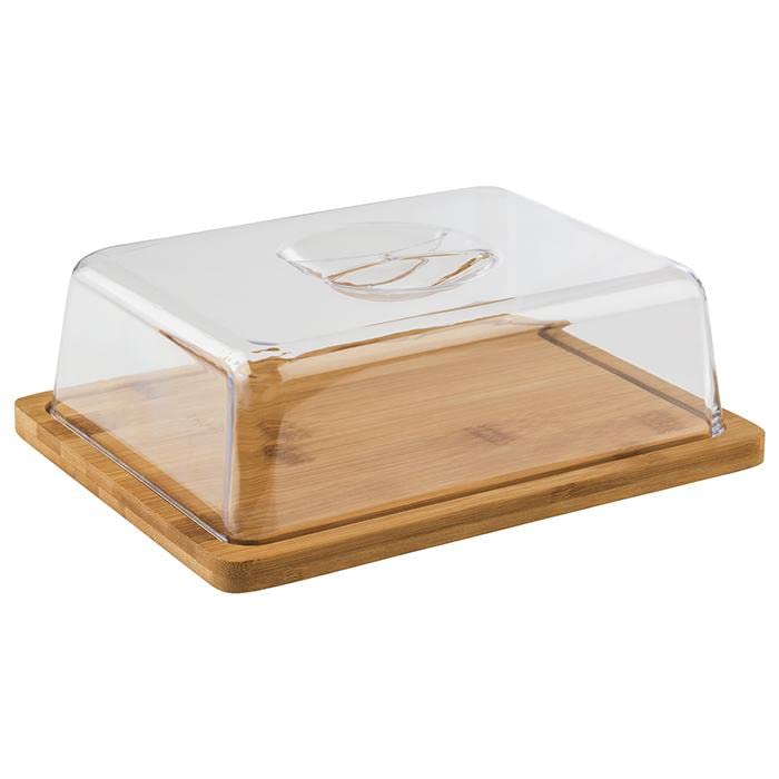 Plateau rectangulaire en bambou avec cloche transparente, présentant une petite sélection de fromages.
