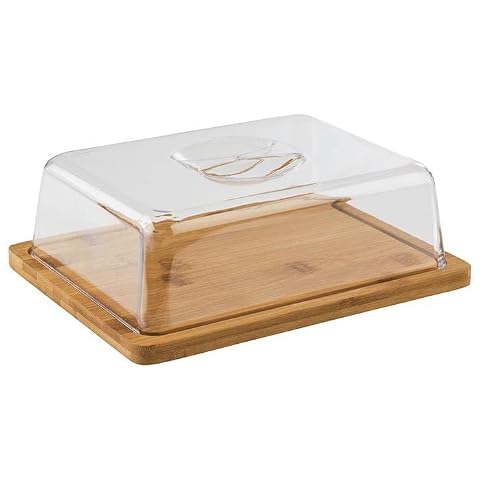 Plateau rectangulaire en bambou avec cloche transparente, présentant une petite sélection de fromages.