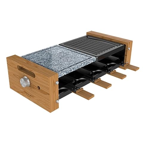 Raclette Cecotec avec plaque en pierre naturelle, surface grill en aluminium et huit poêlons individuels.