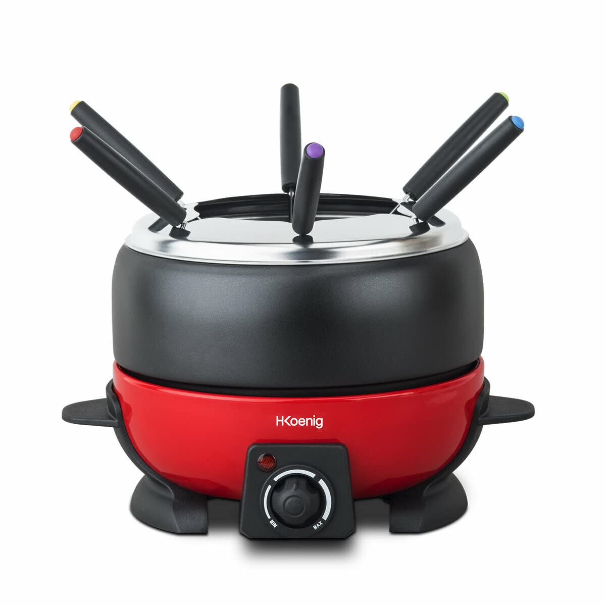 Appareil à fondue électrique H.Koenig rouge et noir avec bol inox et six fourchettes