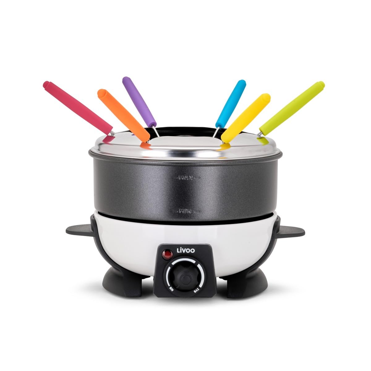 Appareil à fondue Livoo noir avec cuve métallique et six fourchettes aux manches colorés