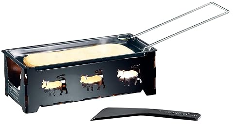 Appareil à raclette pliable en métal noir avec trois bougies, grattoir et fromage fondu