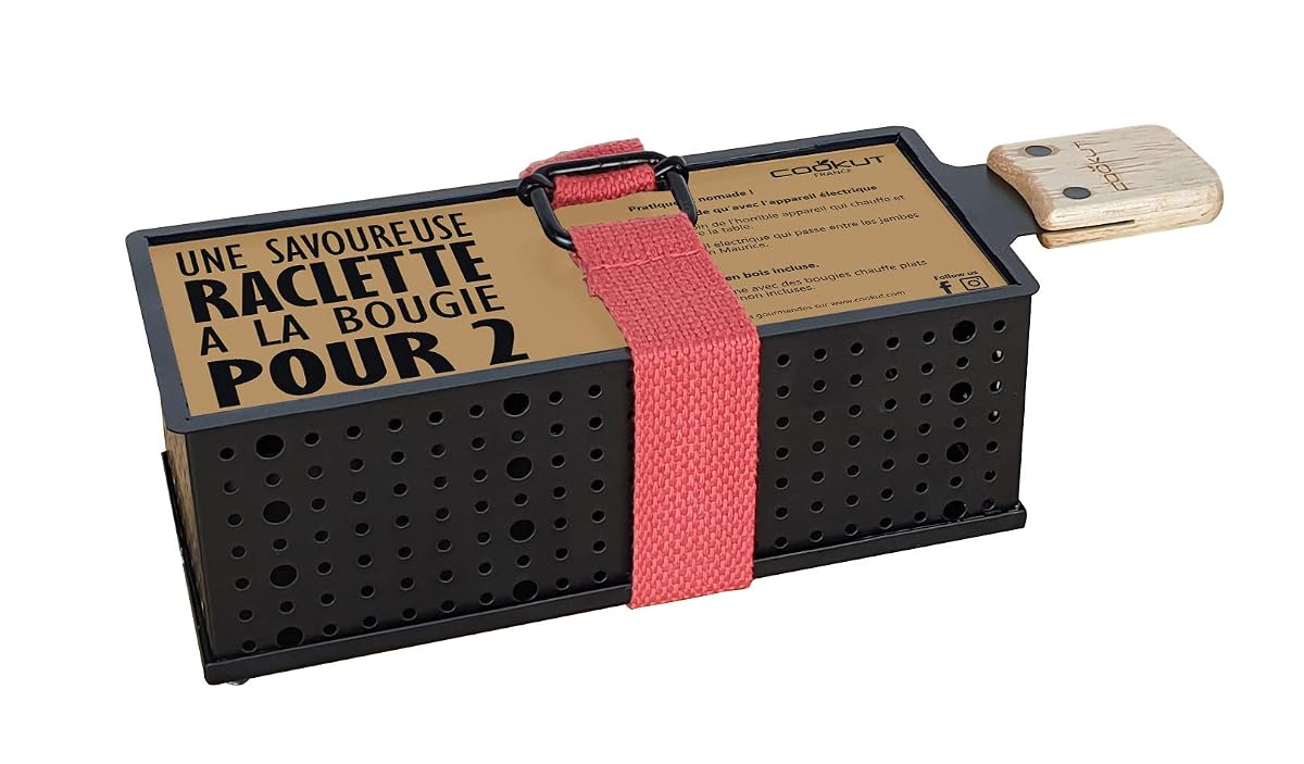 Raclette à la bougie Cookut en bois brun avec sa spatule et deux bougies chauffe-plat.