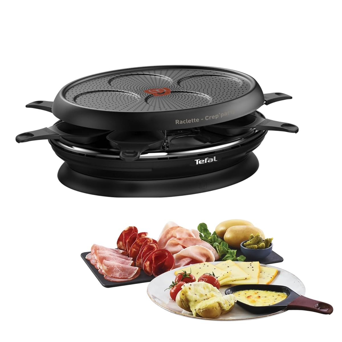 Appareil à raclette Tefal avec plaque à quatre mini-crêpes et ses huit coupelles