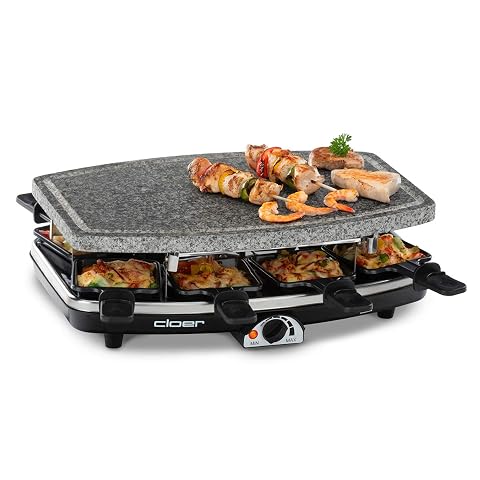 Appareil à raclette noir Cloer avec plaque en pierre naturelle et huit poêlons sur une table conviviale