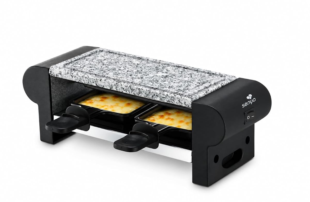 Appareil à raclette Senya noir pour deux, avec pierre de cuisson amovible et deux poêlons