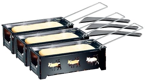 Trois appareils à raclette à bougie noirs avec poêlons amovibles, bougies plates et spatule