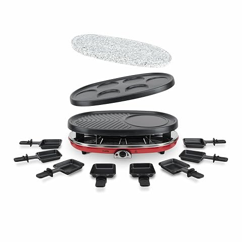Appareil à raclette rouge avec huit poêlons, plaque grill et surfaces interchangeables pour varier les repas