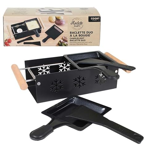 Raclette duo compacte en métal et bois chauffant du fromage à la bougie sur une table