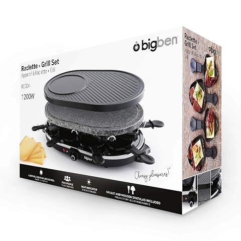 Appareil à raclette Bigben RG004 noir avec plaque à grille, présenté sur une table conviviale