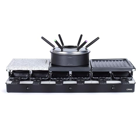 Appareil Livoo combinant raclette et fondue, avec surface de cuisson et caquelon sur une table
