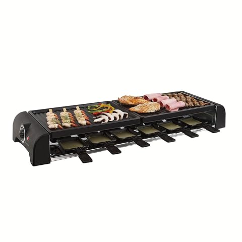 Appareil à raclette Livoo noir avec plateau grill amovible et spatule sur une table dressée