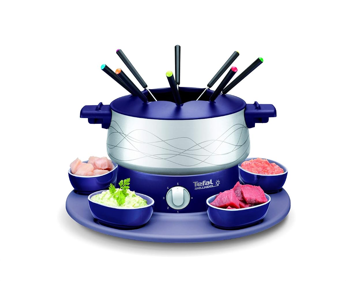 Appareil à fondue Tefal bleu et gris avec plateau tournant, cinq ramequins et huit fourchettes