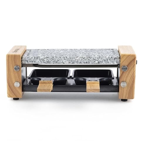 Appareil à raclette H.Koenig compact avec pierre en granit, deux poêlons et spatules en bois