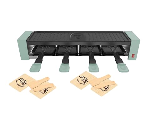 Raclette compacte vert sapin avec plaque grill, quatre poêlons et accessoires en bois assortis