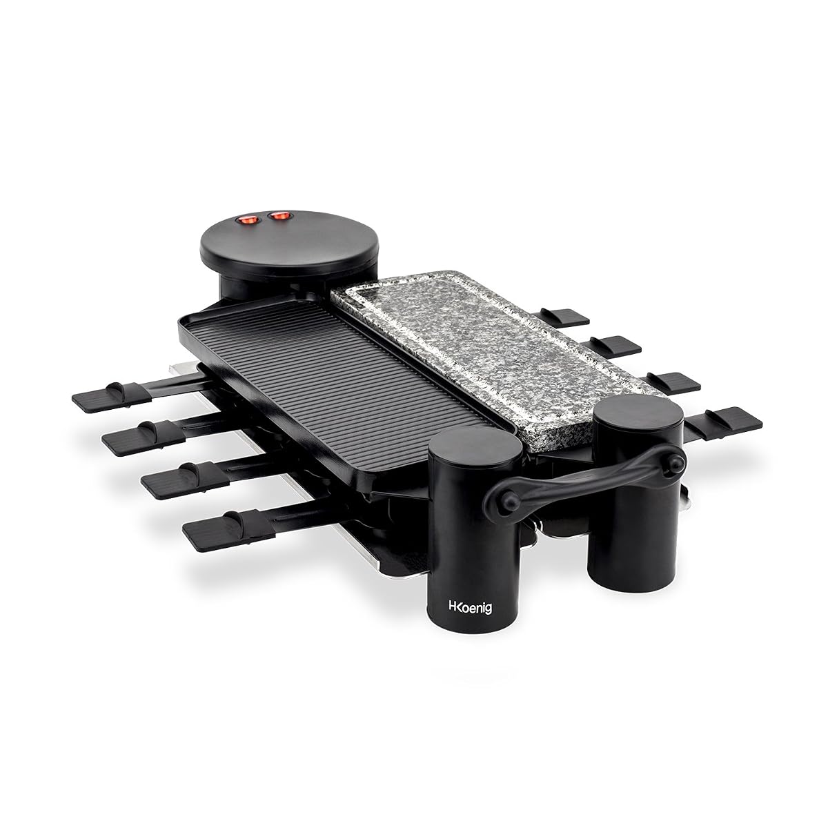 Appareil à raclette H.Koenig RP360 avec pierre, grill et huit poêlons sur une table en bois clair