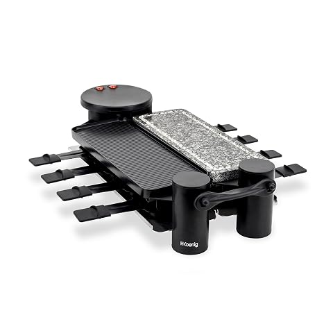 Appareil à raclette H.Koenig RP360 avec pierre, grill et huit poêlons sur une table en bois clair