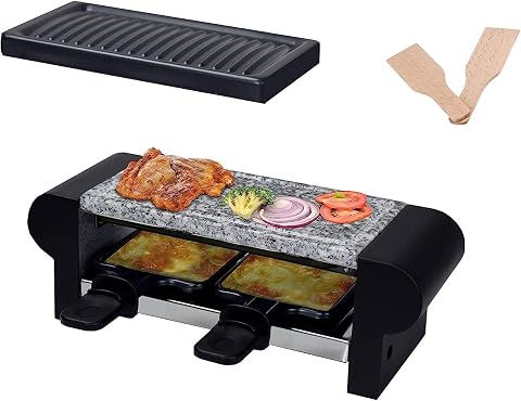 Mini raclette Hasayaki avec pierre chaude, plaque antiadhésive, deux poêlons et spatules en bois