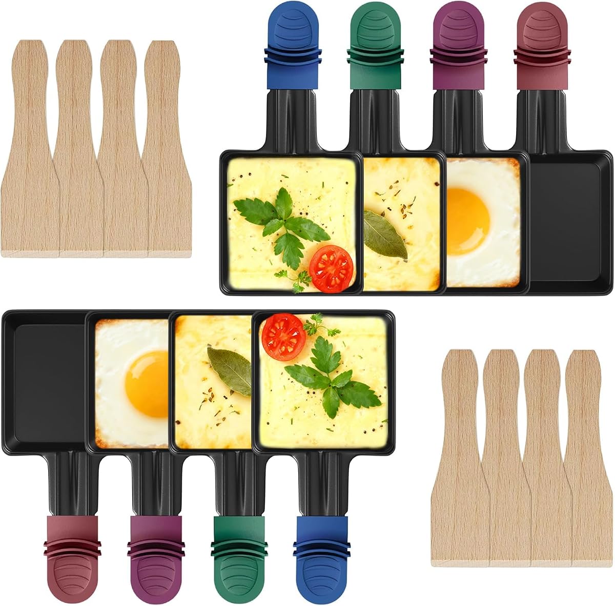 Huit poêlons carrés antiadhésifs Ipow avec huit spatules en bois et poignées colorées