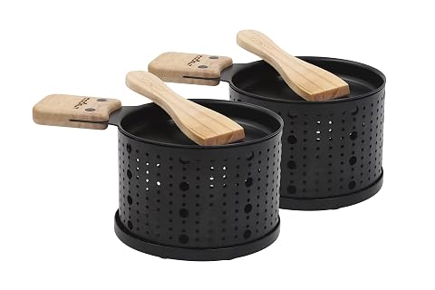 Deux appareils à raclette Cookut Lumi noirs avec fromage fondu et spatules en bois