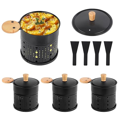 Lot de quatre mini raclettes à bougie noires avec poêlons, couvercles et spatules en nylon