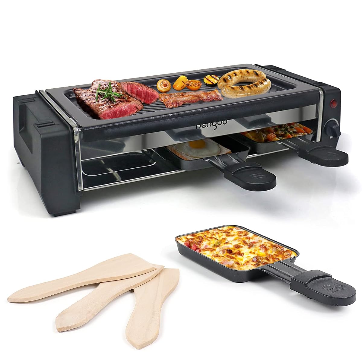 Appareil à raclette compact noir avec plaque grill, trois poêles et spatules en bois