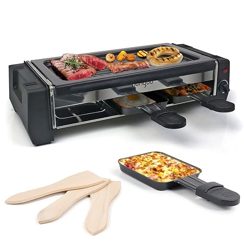Appareil à raclette compact noir avec plaque grill, trois poêles et spatules en bois