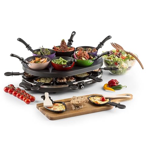 Gril de table avec huit poêlons à raclette, six mini-woks et spatules en bois