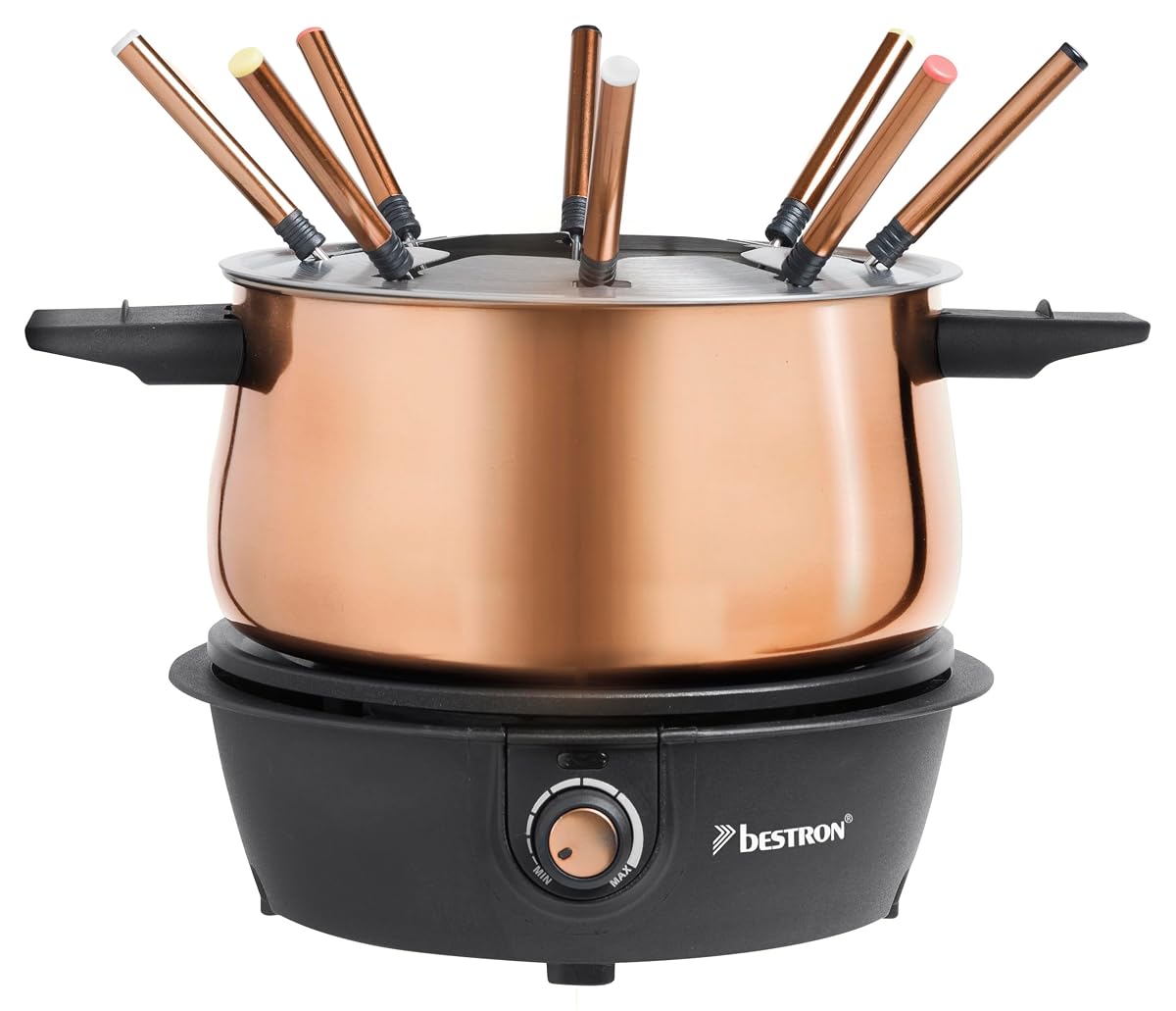Appareil à fondue Bestron cuivré avec caquelon inox et huit fourchettes colorées sur une table en bois
