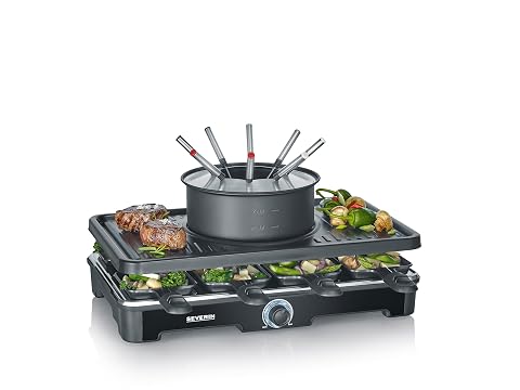 Appareil Severin combinant raclette et fondue, avec poêlons et accessoires disposés sur une table