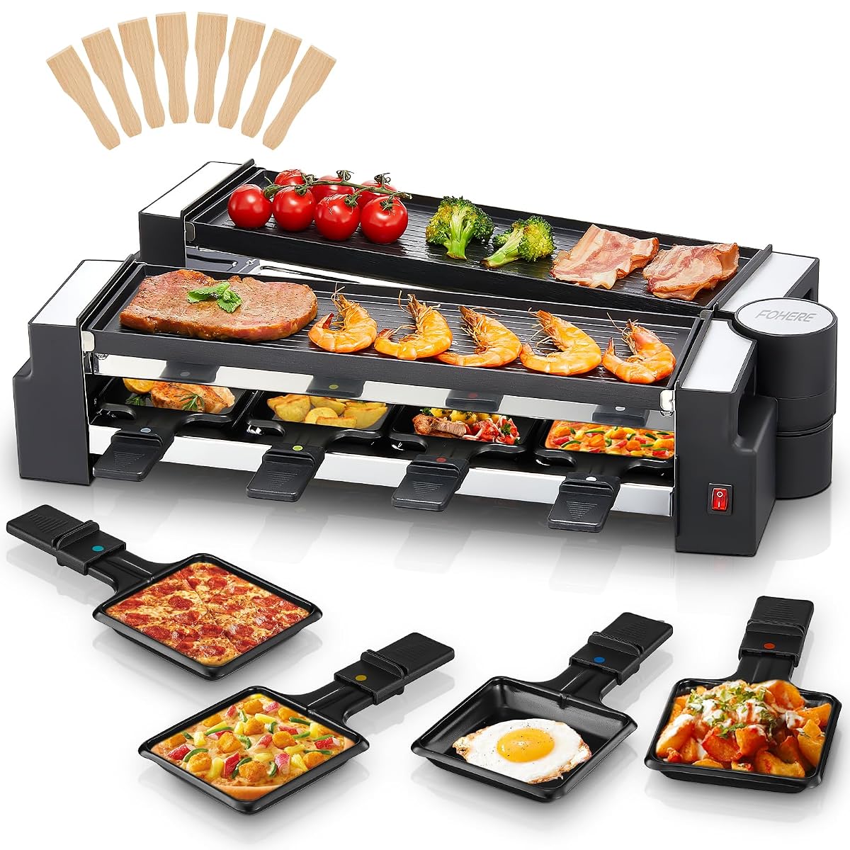 Appareil à raclette Fohere rotatif avec plaque grill, huit plateaux à fromage et spatules en bois