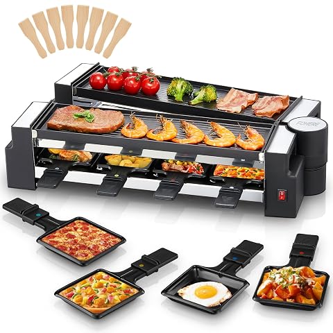 Appareil à raclette Fohere rotatif avec plaque grill, huit plateaux à fromage et spatules en bois
