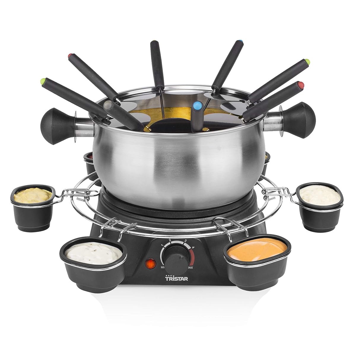 Appareil à fondue Tristar en inox avec six bols à sauces et huit fourchettes autour du caquelon