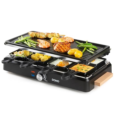 Appareil à raclette noir avec pierre naturelle, plaque grill, huit poêlons et spatules en bois