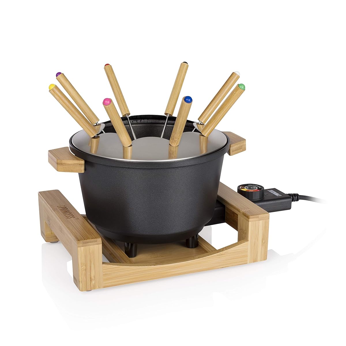 Appareil à fondue Princess noir et bambou avec caquelon et huit fourchettes colorées sur une table