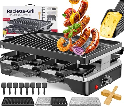 Appareil à raclette Kesser noir avec pierre naturelle, plaque métallique et huit poêlons
