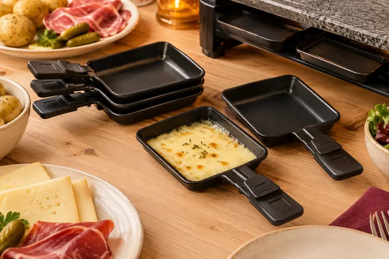 Ensemble de poêlons à raclette avec manches posés sur une table