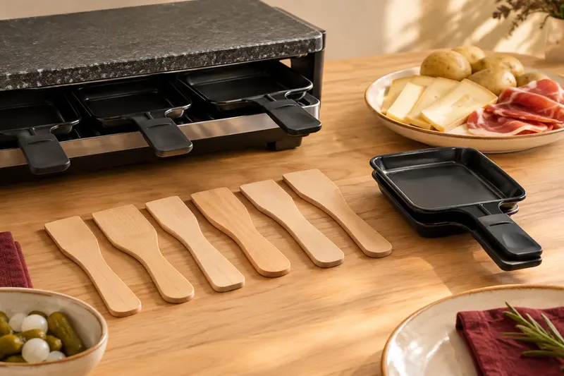 Petites spatules à raclette alignées près de poêlons propres
