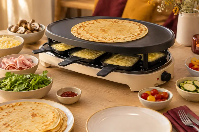 Appareil combiné raclette et crêpière avec une crêpe et des poêlons