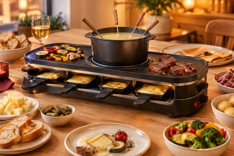 Appareil combiné pour raclette et fondue avec poêlons et caquelon