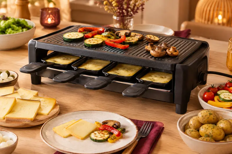 Appareil à raclette électrique avec poêlons et ingrédients disposés sur une table