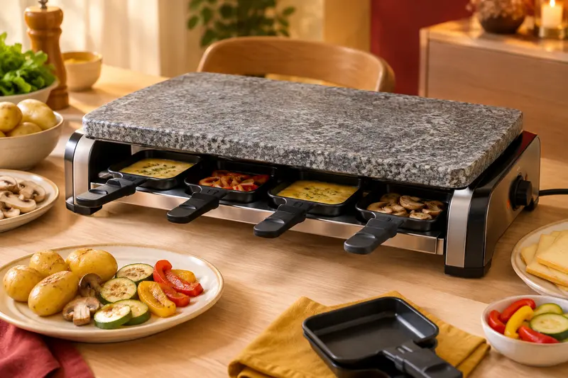 Appareil à raclette avec pierre de cuisson et ingrédients sur une table claire