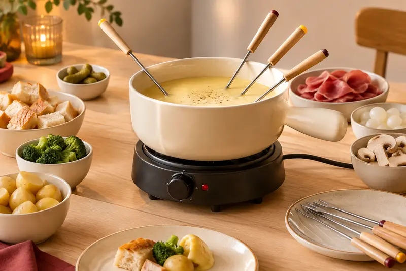 Appareil à fondue électrique avec caquelon et fourchettes sur une table