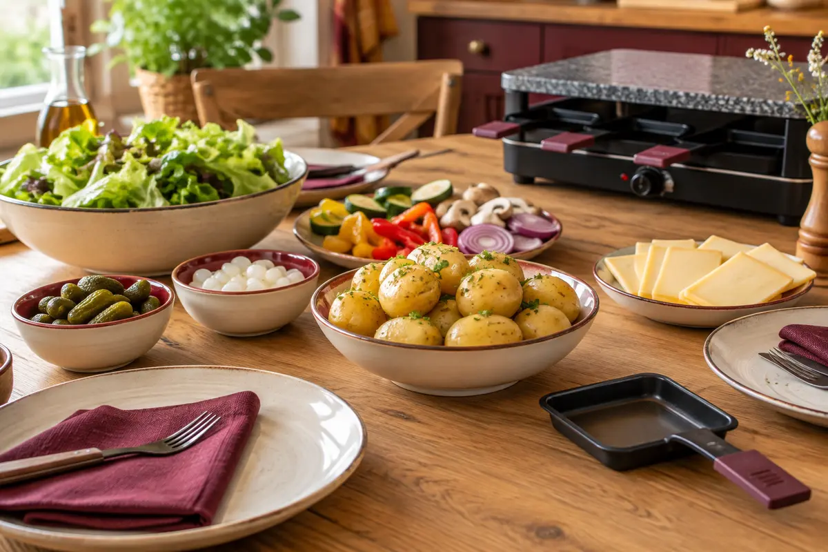 Table de raclette avec pommes de terre, salade croquante, légumes et petits bols de condiments servis à part