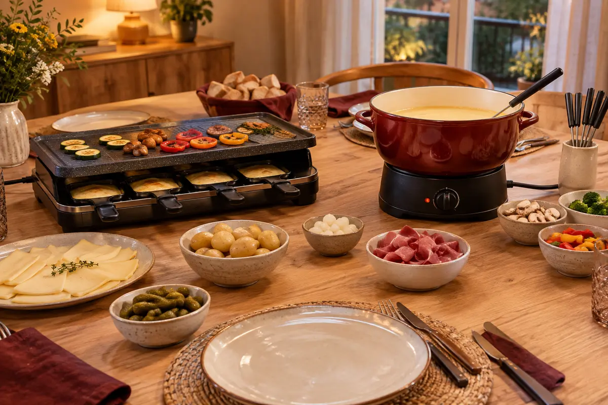 Table organisée avec un appareil à raclette, un caquelon à fondue et des plats d’accompagnement bien répartis.