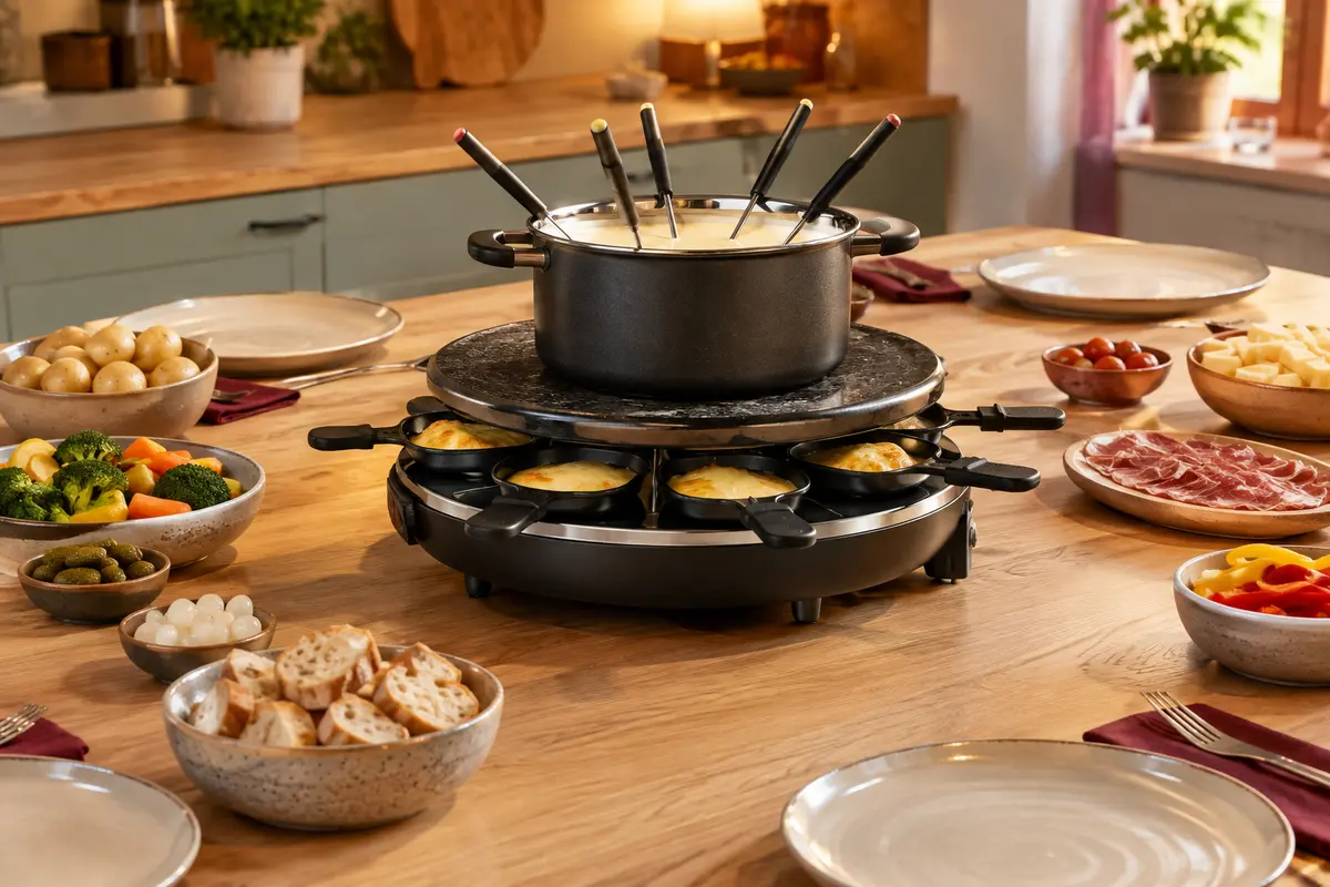 Appareil combiné à raclette et fondue au centre d’une table organisée avec ses poêlons et accompagnements