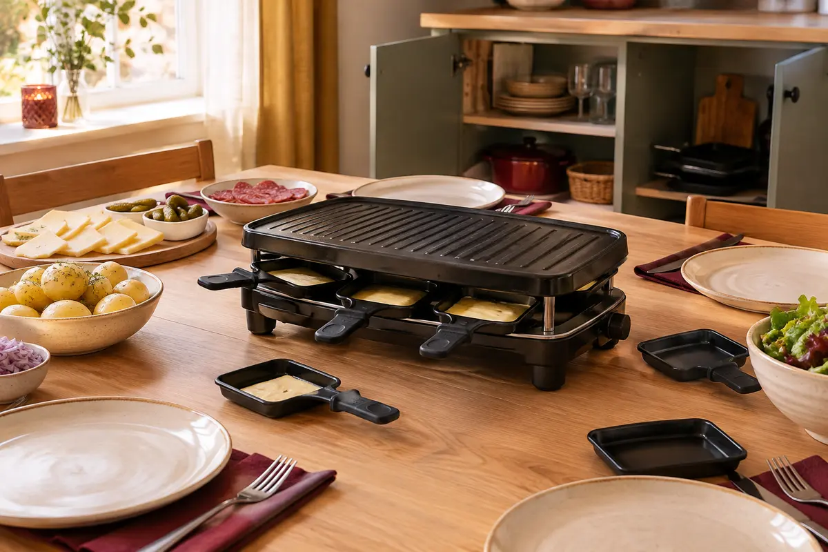 Appareil à raclette compact installé sur une table étroite, avec ses poêlons et des plats de service.