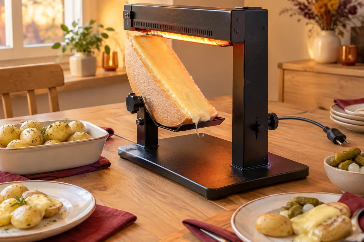Appareil à raclette à demi-meule installé sur une table avec le fromage face à l’élément chauffant.